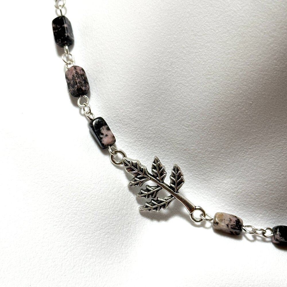Genuine Gemstone Black Pink Rhodonite w/ Silver Leaf Branch Charm Short Necklace